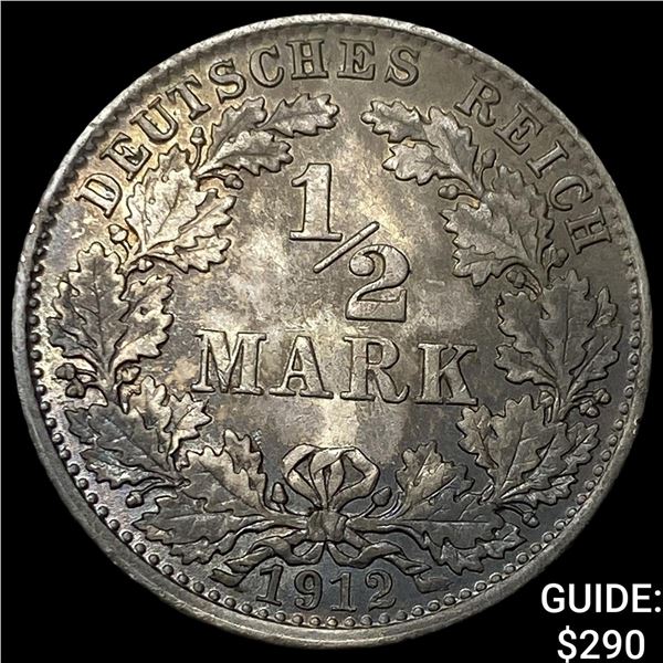 1912-D German Silver 1/2 Mark NEARLY UNCIRCULATED