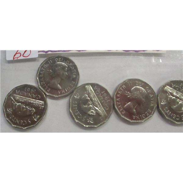 1961 CH/BU LOT OF FIVE CANADA NICKELS