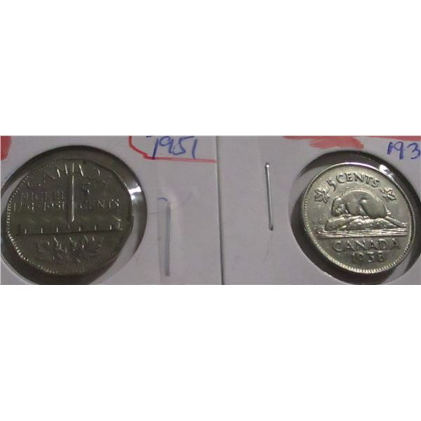 1751 SMOKE STACK & 1938 BEAVER CANADA NICKEL SET