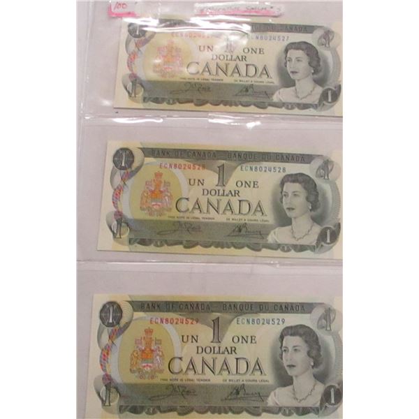 1973 STOCK SHEET LAST OF CANADA $1 BILLS (SEQUENTIAL SERIAL NUMBERS)
