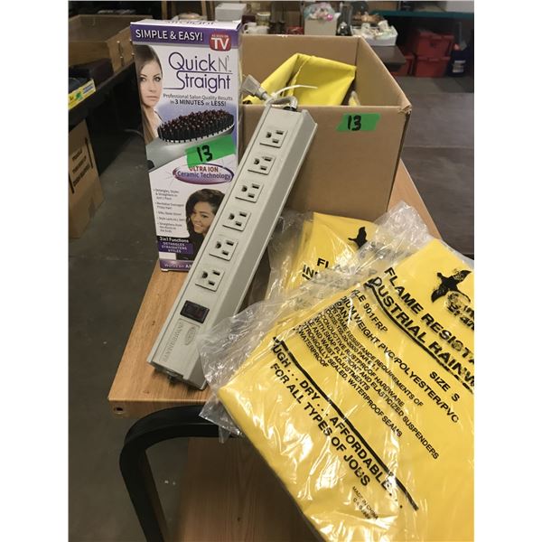 BOX C/W POWER BAR, QUICK 'N STRAIGHT HAIR BRUSH, RAINWEAR, ETC