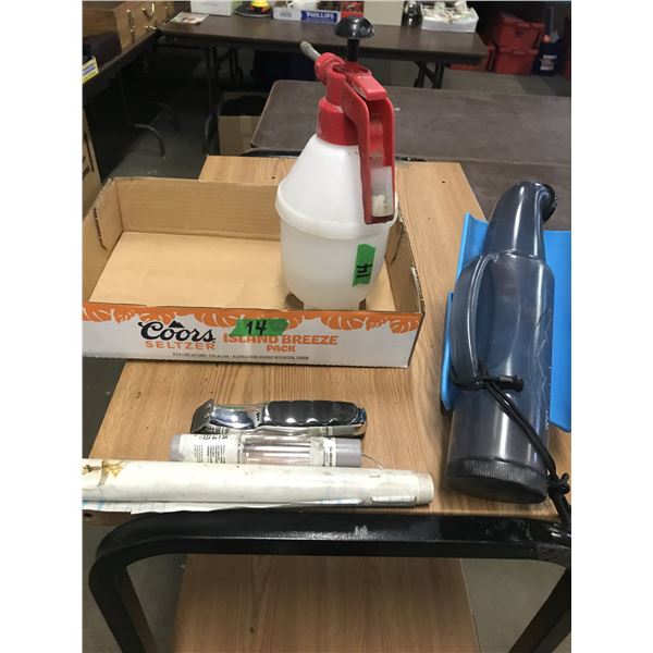 BOX C/W PLANT SPRAYER, GOLF CART JUG, SOCK ASSIST, ETC