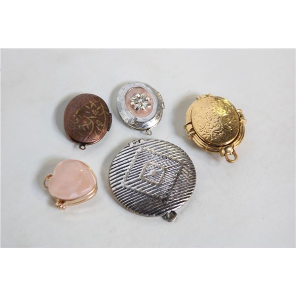 5 ASSORTED LOCKETS INCL. 1 MARKED FOSSIL