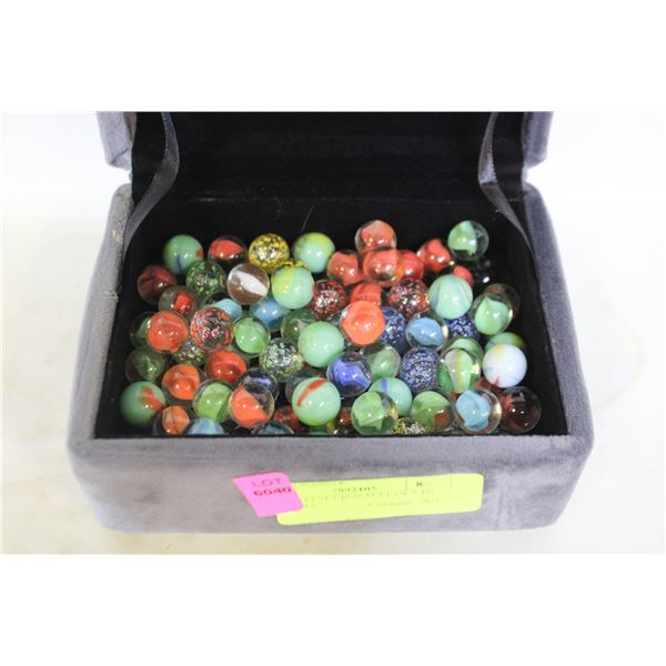 GREY VELVET BOX FULL OF VTG. MARBLES