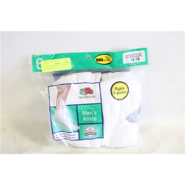 WHITE CREW SOCKS 12-16 SIZE 6-PACK FRUIT OF THE