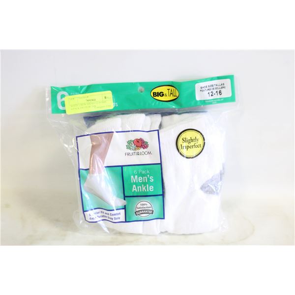 WHITE CREW SOCKS 12-16 SIZE 6-PACK FRUIT OF THE