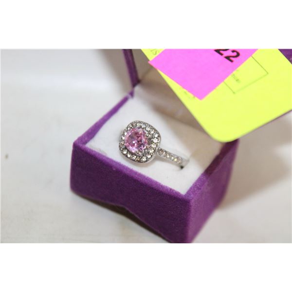 SZ. 7 PINK CUSHION CUT CRYSTAL SP RING