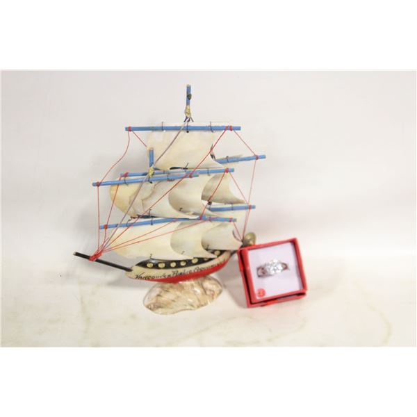 SAILING SHIP W MOTHER OF PEARL SZ. 9.5 RING