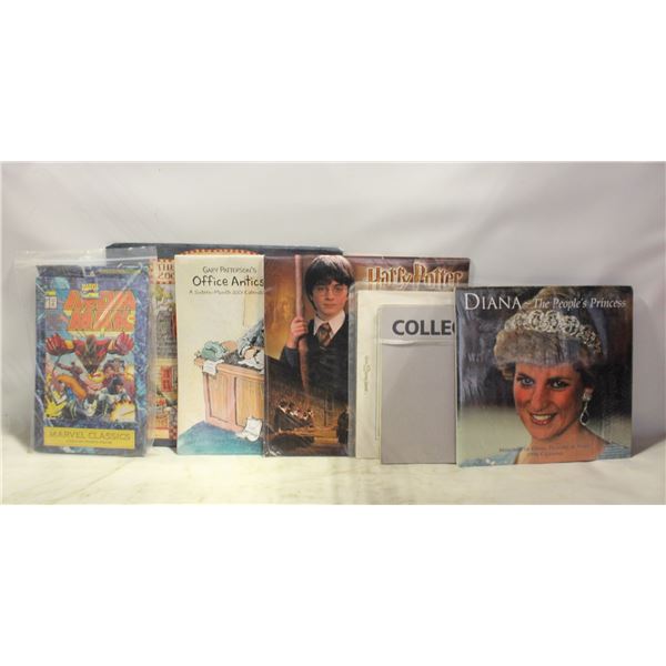 FLAT OF VINTAGE CALENDARS, COMIC, BOOK,