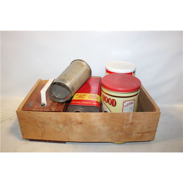 WOODEN FRUIT BOX WITH ASSORTED VINTAGE