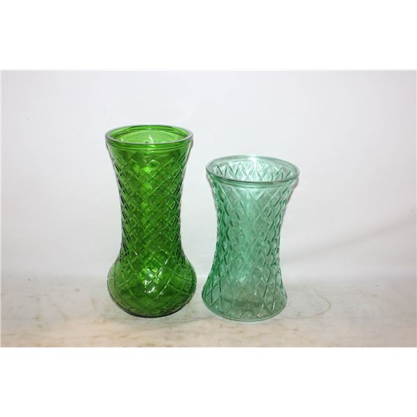 2 LARGE QUILTED GREEN VASES
