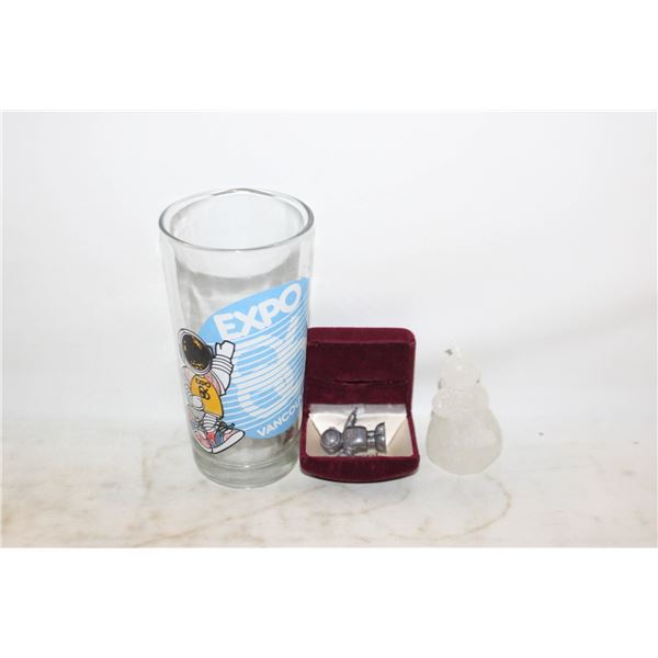 EXPO 1986 3PCS - MINI PEWTER, UNUSED CANDLE, GLASS