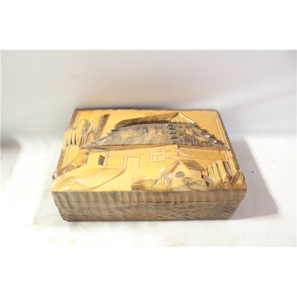 HAND CARVED WOODEN BOX WITH A HOUSE