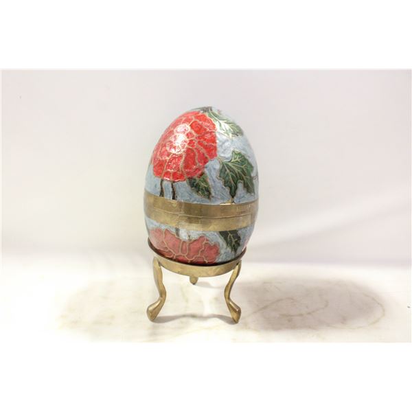 PAINTED BRASS EGG CONTAINER ON PEDESTAL
