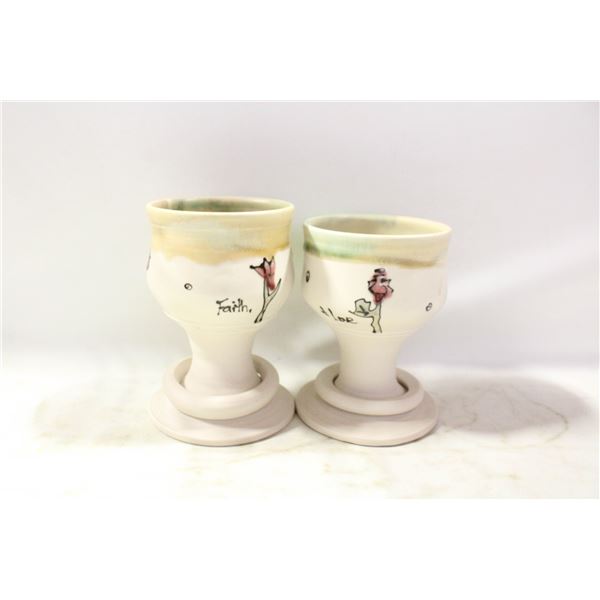 PAIR OF ART POTTERY GOBLETS WITH RINGS