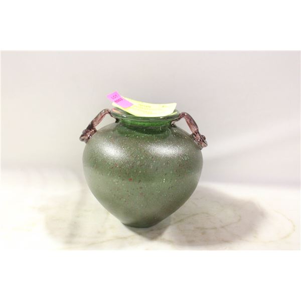 SPECKLED GREEN GLASS VASE WITH PURPLE HANDLES