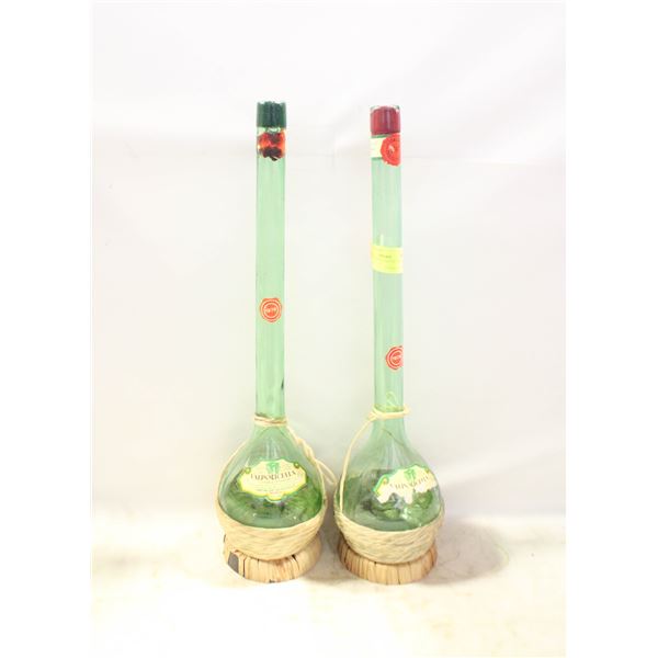2 GREEN GLASS LONG NECK WINE BOTTLES. ITALY