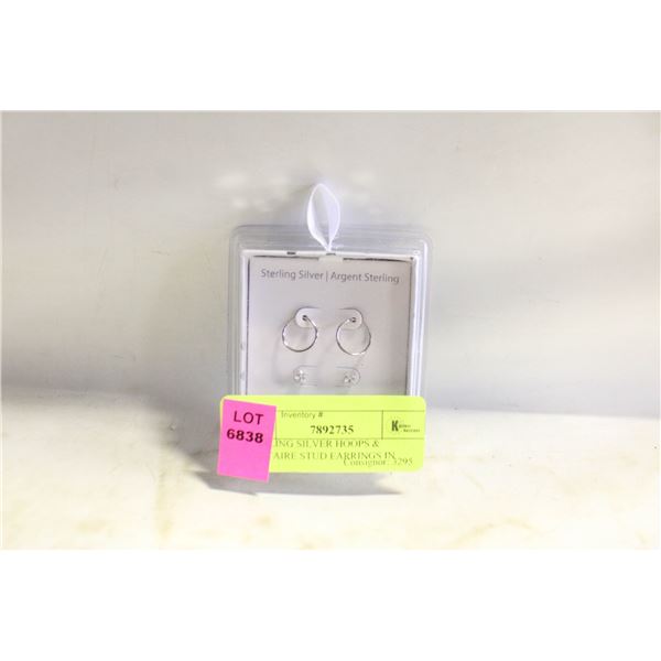 STERLING SILVER HOOPS & SOLITAIRE STUD EARRINGS IN
