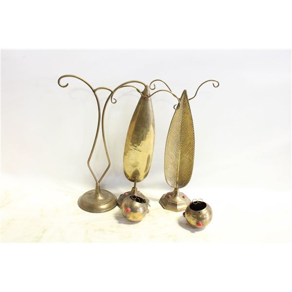 3 BRASS STANDS WITH 2 BRASS HANGING BOWLS