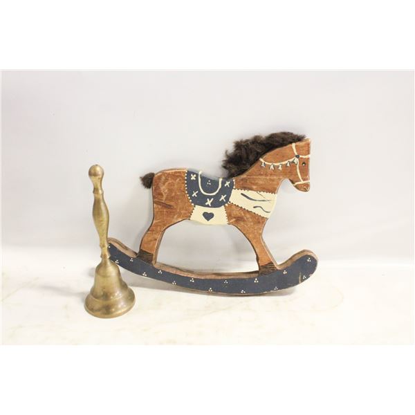 VINTAGE WOODEN HORSE AND BRASS BELL