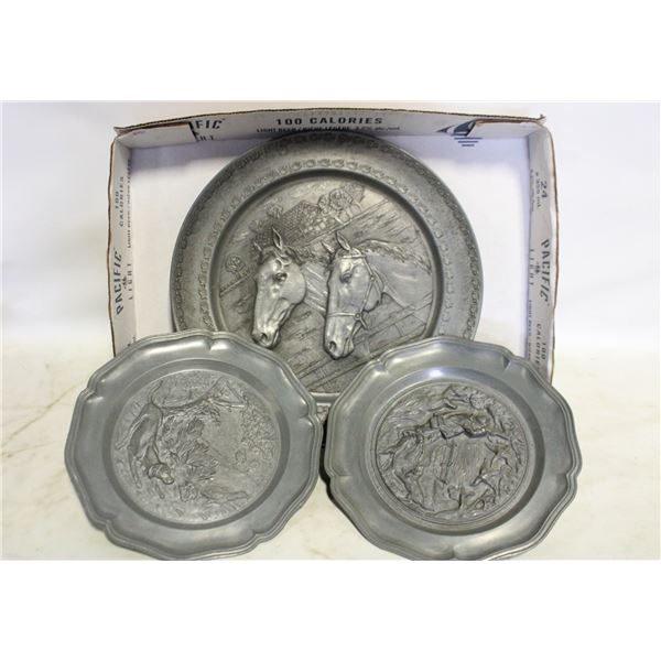3 EMBOSSED PEWTER PLATES