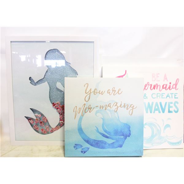 3 MERMAID WALL ART DECOR SET FRAMED & CANVAS