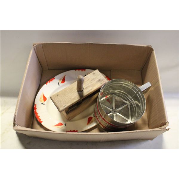 ANTIQUE BUTTER CHURN, SIFTER & PLATTER-ESTATE