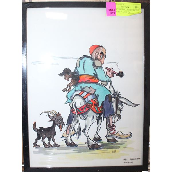 VINTAGE INK+COLOUR DRAWING GOAT+MULE A.SHOP JAI