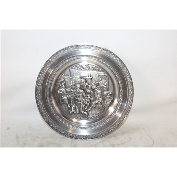 ANTIQUE RISKIN PEWTER TAVERN SCENE PLATE