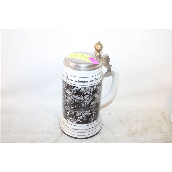 8" HIGH PORCELAIN BEER STEIN WITH PEWTER LID