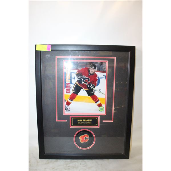 FRAMED 18X22 CALGARY FLAMES PHANEUF PUCK &