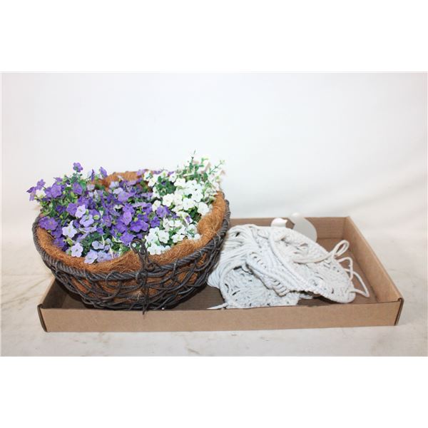 HANGING BASKET WITH FLOWERS/ 2 MACRAME HANGERS/