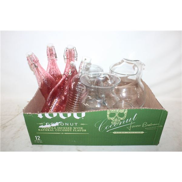 GLASS PITCHER - 5 GLASS BOTTLES - 1 GLASS VASE &