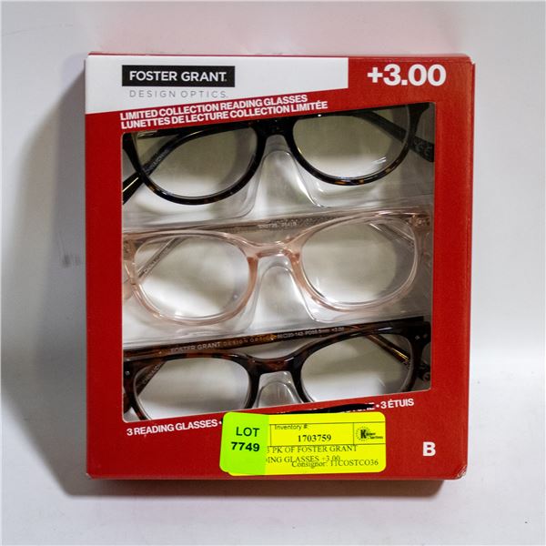 NEW 3 PK OF FOSTER GRANT READING GLASSES +3.00