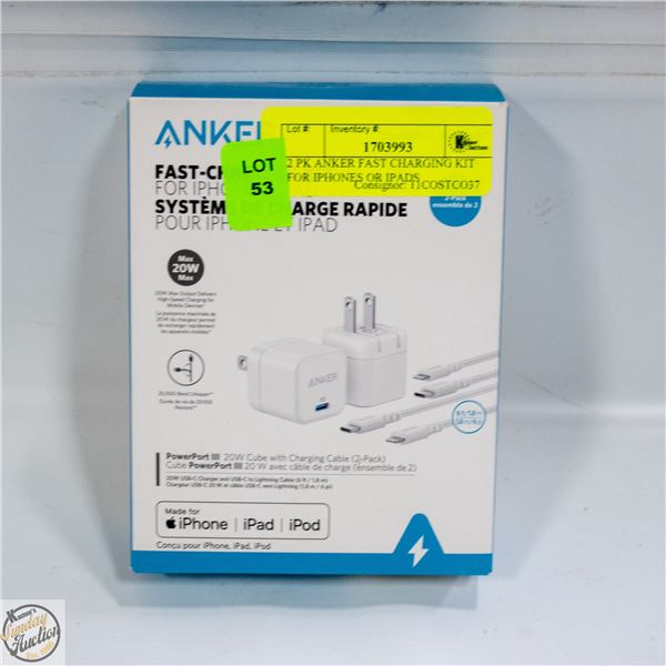 2 PK ANKER FAST CHARGING KIT FOR IPHONES OR IPADS