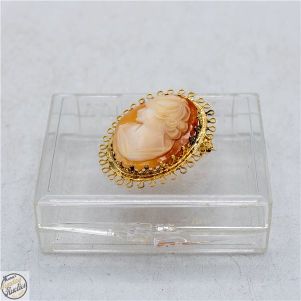 VINTAGE SHELL CAMEO BROOCH, SIGNED “EMBY