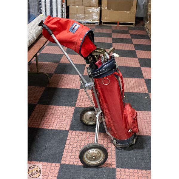 GOLF BAG, CART, AND CLUBS ASSORTMENT