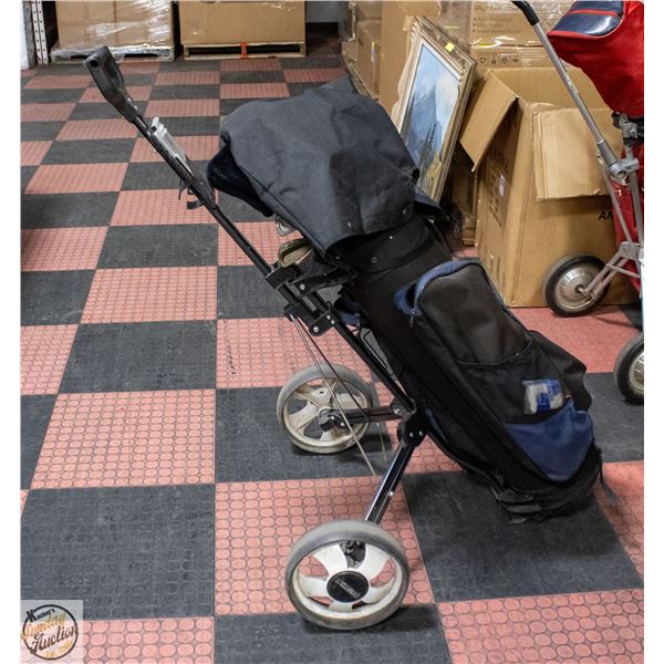 GOLF BAG, CART, AND CLUBS ASSORTMENT