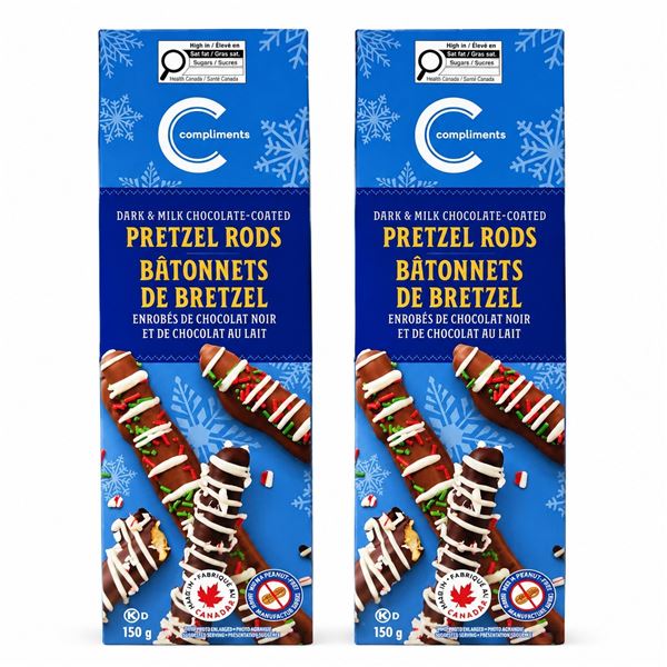 2 COMPLIMENTS CHOCOLATE PRETZEL RODS 150G EXP