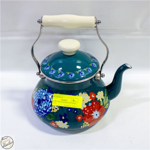 ENAMEL WOOD HANDLE FLOWER KETTLE