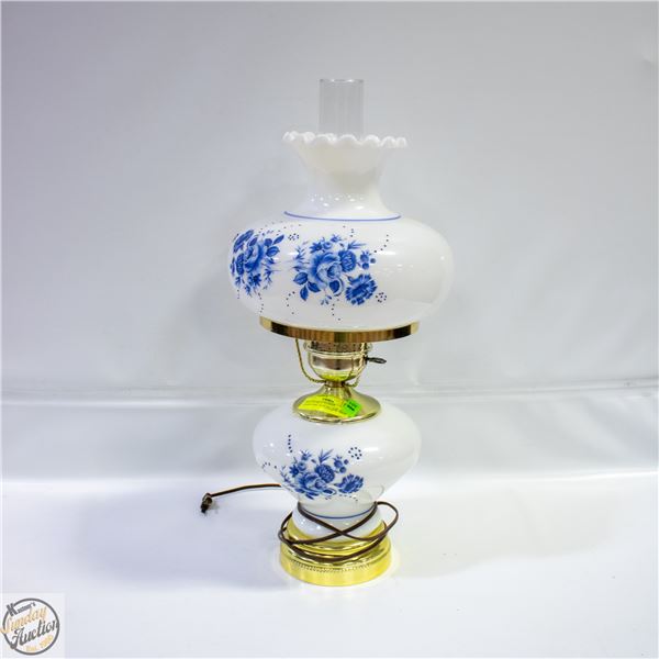 VINTAGE BLUE FLOWER HURRICANE  PLUG IN LAMP 23"