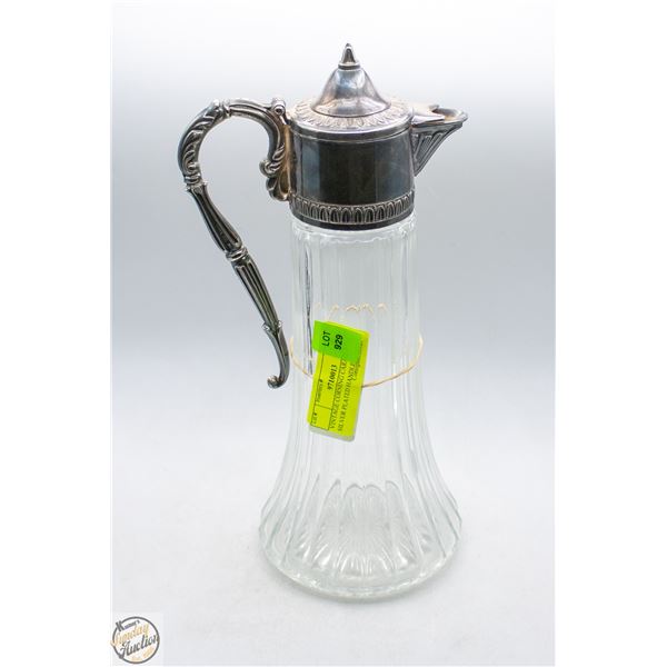 VINTAGE CORNING CARAFE WITH SILVER PLATED HANDLE