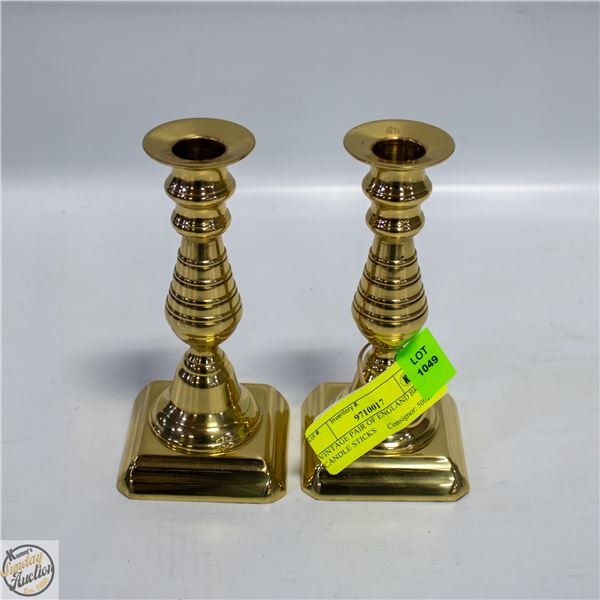 VINTAGE PAIR OF ENGLAND BRASS CANDLE STICKS