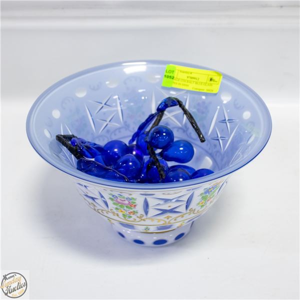 VINTAGE COLBALT BLUE GLASS GRAPES IN DISH