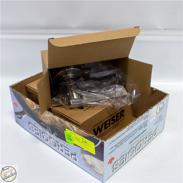 BOX WITH 3 NEW WEISER CASEY SATIN NICKEL