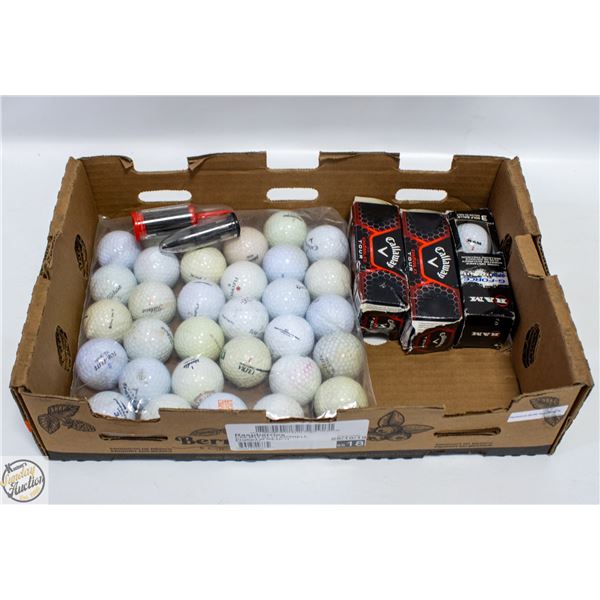 FLAT WITH 3 NEW SLEEVES OF GOLF BALLS, BAG OF