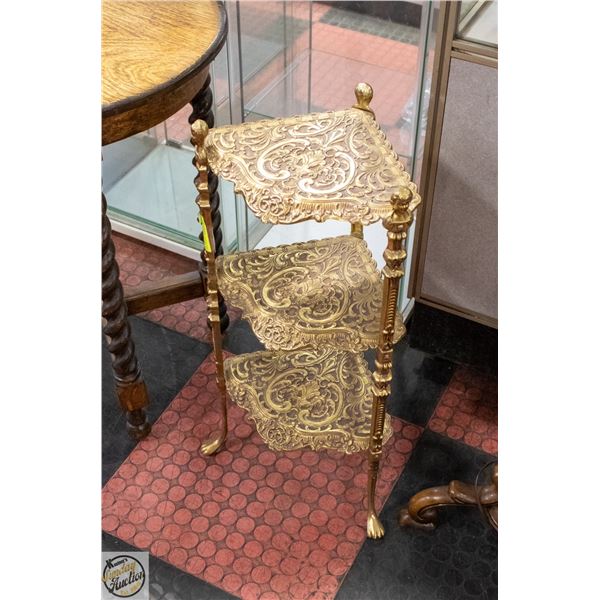 VINTAGE 3 TIER BRASS CORNER SHELF ORNATE VICTORIAN