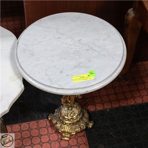 VINTAGE SMALL BRASS CHERUB TABLE WITH MARBLE TOP