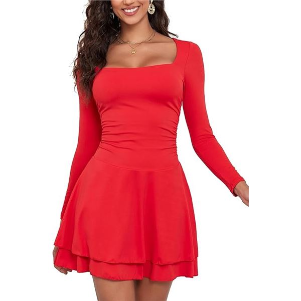 NEW VOZOBI WOMEN'S SQUARE NECK LONG SLEEVE DRESS