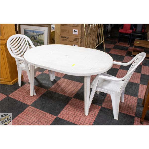 PLASTIC WHITE PATIO TABLE 2 CHAIRS 53"X35"X28"